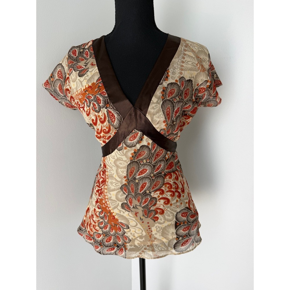 70s Boho Paisley Peacock Feather Sheer V Neck Back Tie Cap Sleeve Blouse M